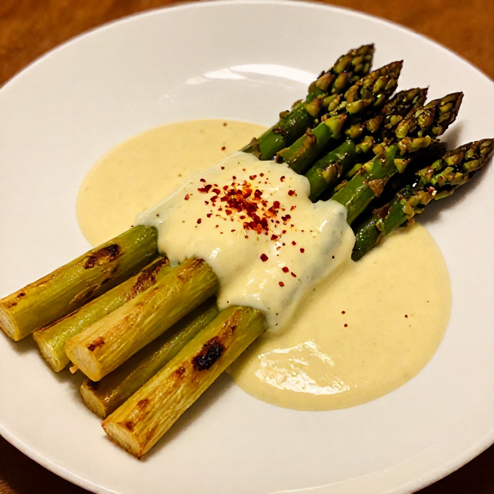 Plated grilled asparagus with tahini lemon sauce