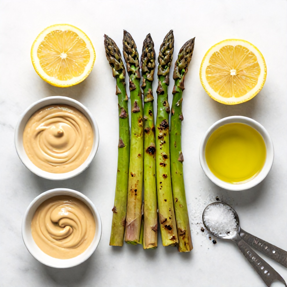 Raw ingredients for grilled asparagus with tahini sauce