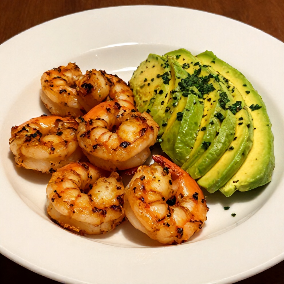 Grilled Shrimp and Avocado Bowl plated on a white dish