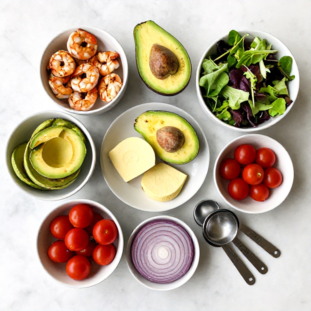 Raw ingredients for Grilled Shrimp and Avocado Bowl on a marble surface