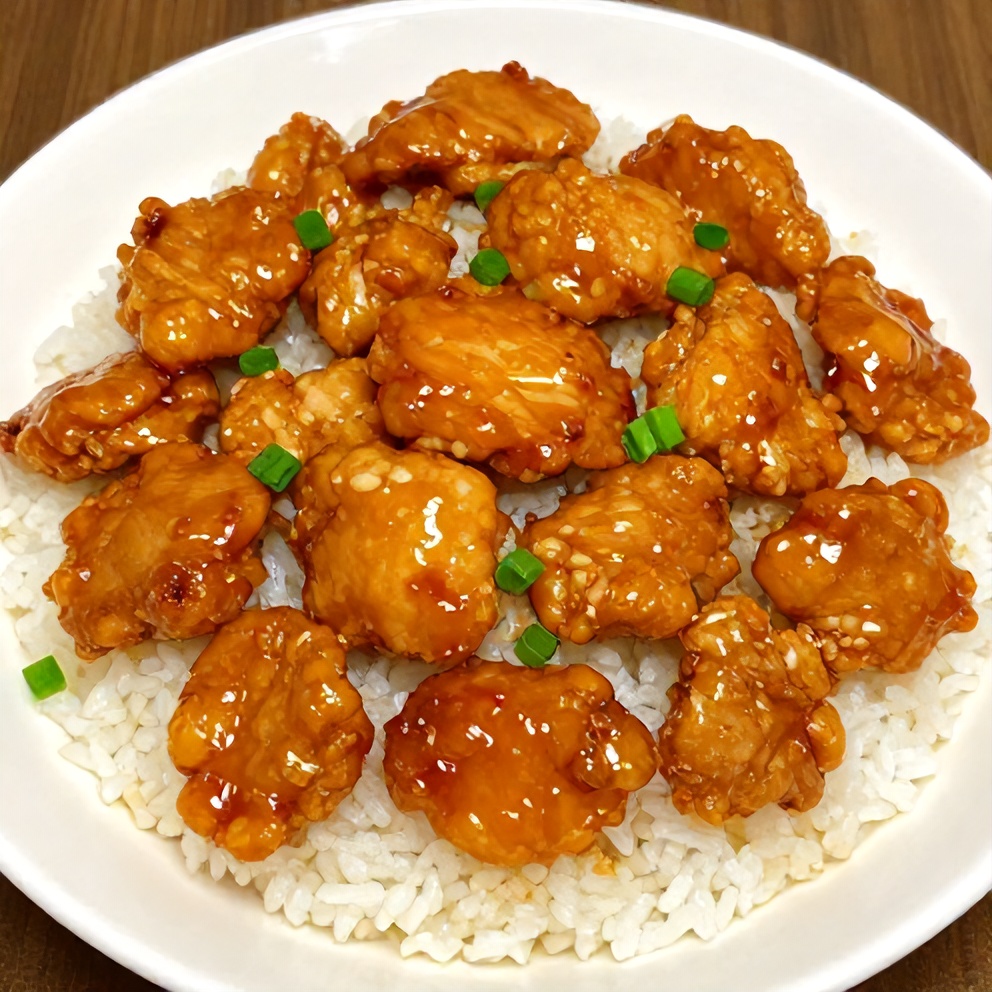 Orange chicken served on a plate with steamed rice