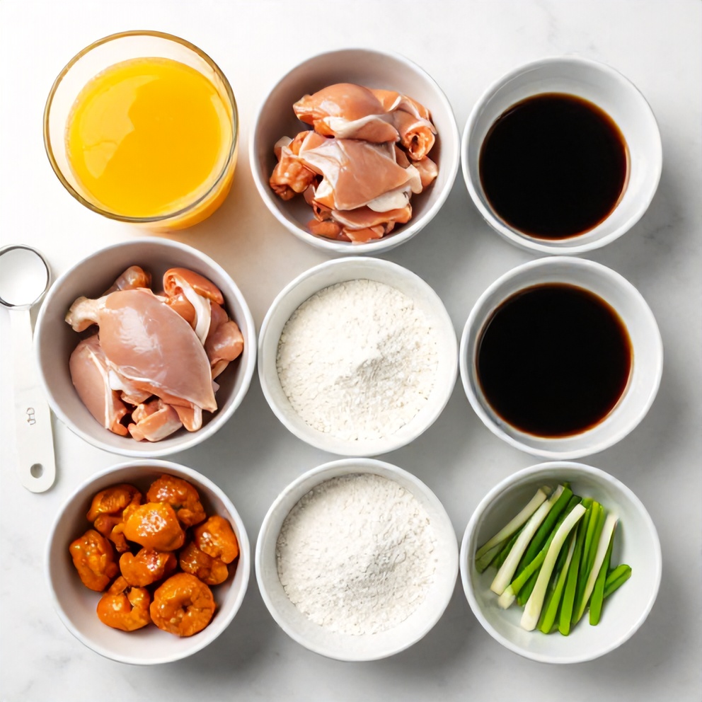 Orange chicken ingredients including chicken, orange juice, soy sauce, and cornstarch