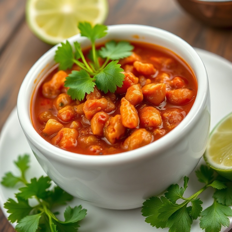 A single serving of chili in a white ceramic bowl. Topped with fresh cilantro and a squeeze of lime for a bright finish.