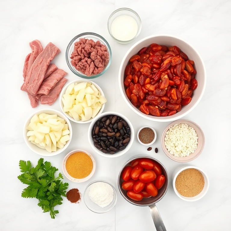 Raw ingredients for hearty stovetop chili. Ground beef, bacon, onion, garlic, beans, tomatoes, and spices arranged in a clean flat lay.