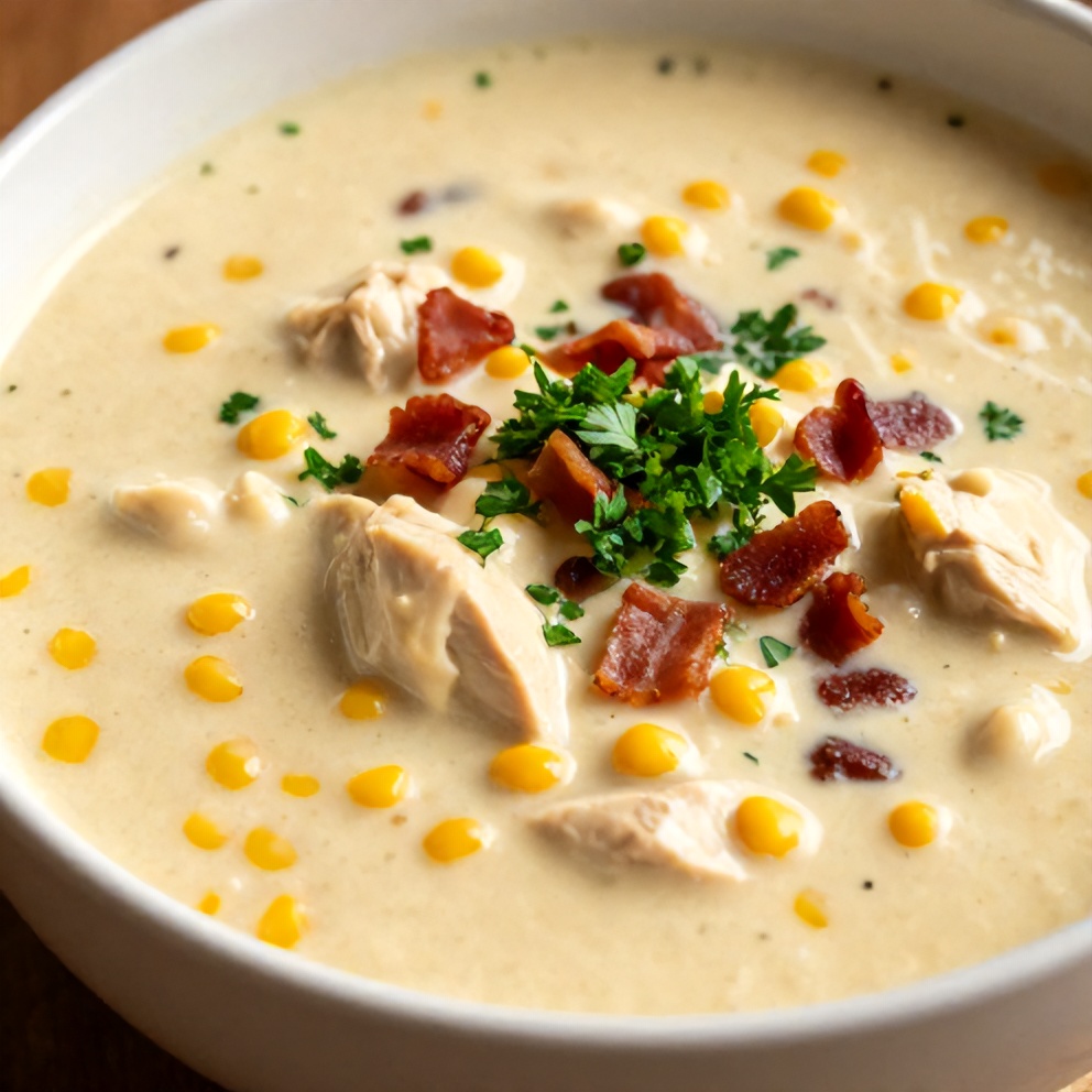 Bowl of Chicken Corn Chowder with garnish