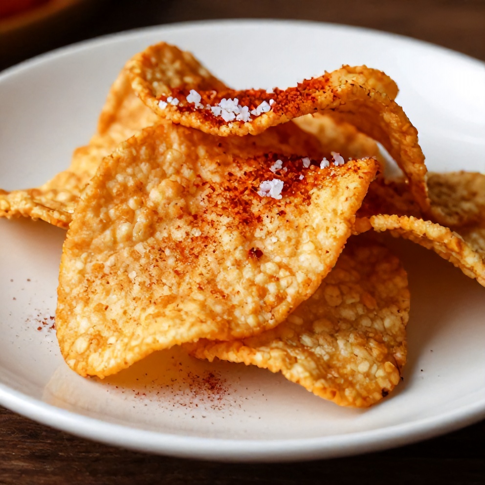 Single serving of crispy chickpea chips on a white ceramic plate. Topped with a sprinkle of salt and paprika. Warm side lighting shows texture and color.