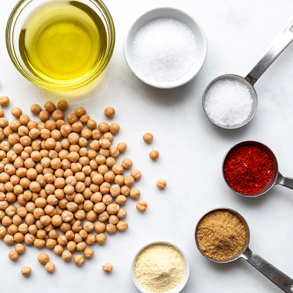 Flat lay of raw chickpeas, olive oil, salt, paprika, garlic powder, and cumin. Measuring spoons and bowls visible. Bright even light on a white marble surface.