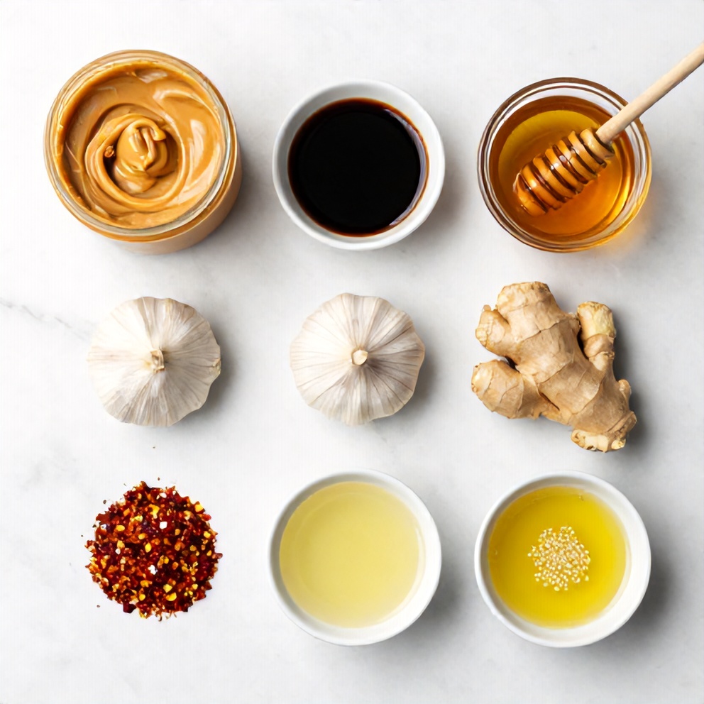 Ingredients for homemade peanut sauce laid out