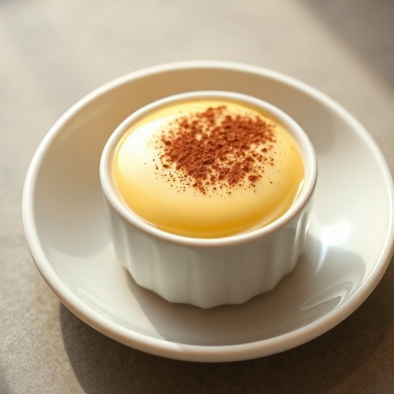 A single glazed custard cup cradled in an elegant white bowl, garnished with cacao powder