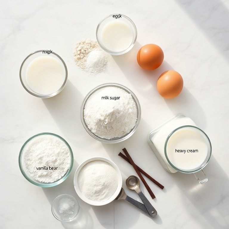 Rice flour, eggs, milk, sugar, vanilla bean and a pinch of salt arranged neatly on a white countertop