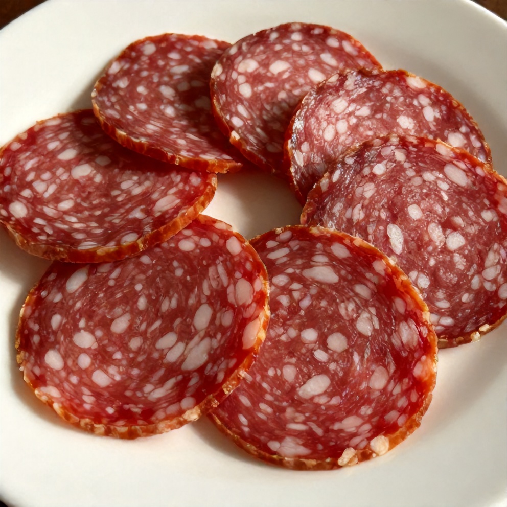 Vegan salami slices on a white plate