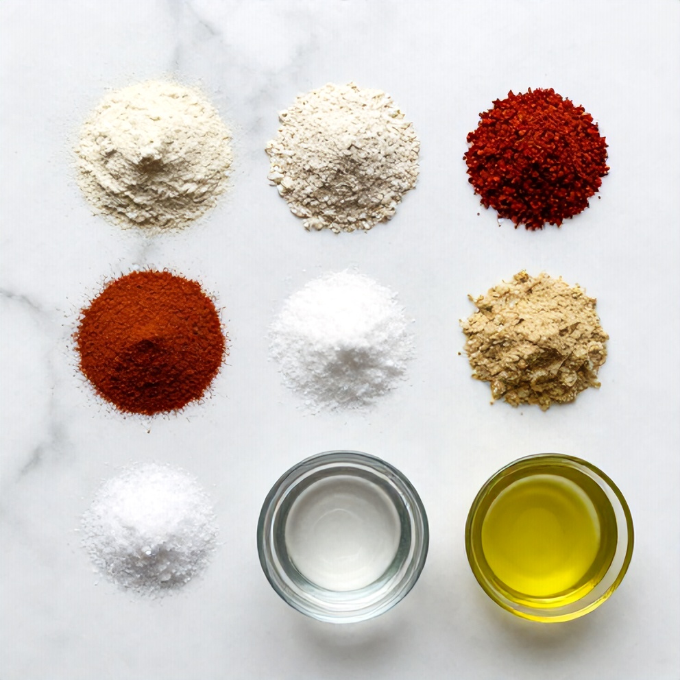 Vegan salami ingredients on a marble surface