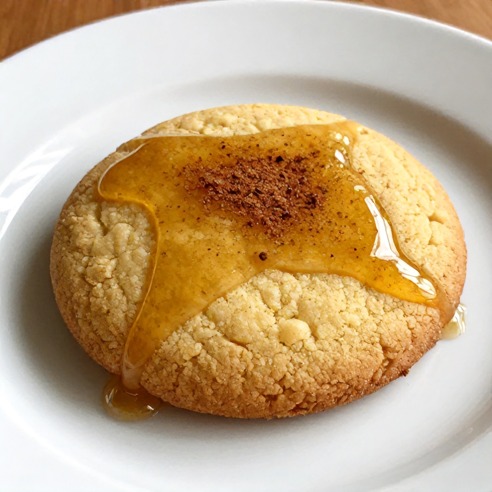 A single honey buttercream cornbread cookie on a white plate, topped with a drizzle of honey and a sprinkle of cinnamon.