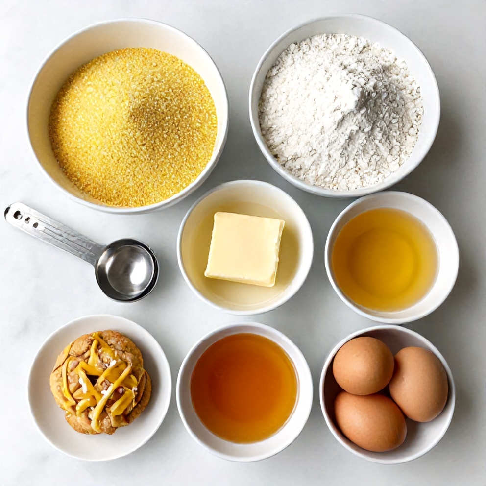 Raw ingredients for honey buttercream cornbread cookies: cornmeal, flour, butter, honey, eggs, and baking powder arranged in a flat lay with measuring tools.