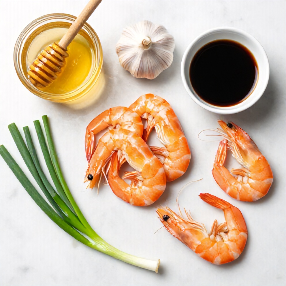 Raw ingredients for Honey Garlic Shrimp arranged on a marble surface