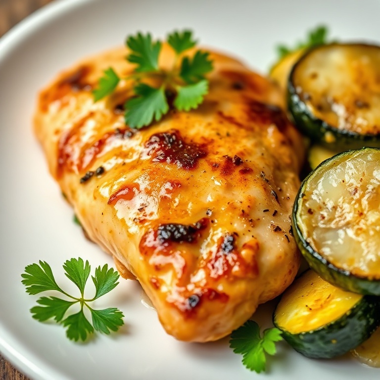 Juicy chicken with zucchini on a white plate. Fresh parsley garnish. Warm side lighting highlighting texture.