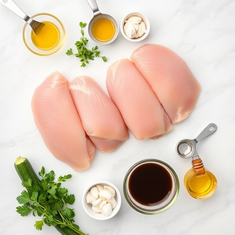 Chicken breasts, zucchini, garlic, honey, soy sauce, and olive oil arranged in an overhead flat lay. Measuring spoons and bowls visible.