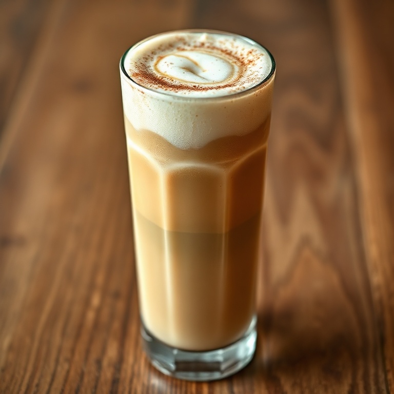 A tall glass of iced cinnamon dolce latte with a swirl of foam and a light dusting of cinnamon on top. Glass bowl on a wooden surface. Warm side lighting shows the texture. Photorealistic food photography. No text. No watermark.