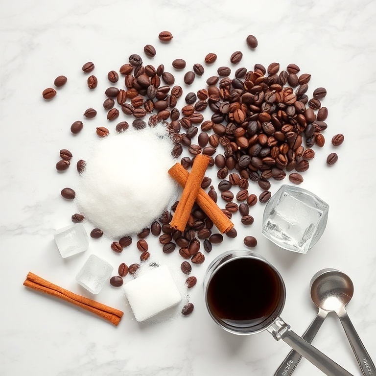 Overhead flat lay of coffee beans, cinnamon sticks, milk, sugar, and ice cubes. Coffee beans, cinnamon, milk, sugar, and ice are the most visible items. Measuring spoons and cups near the edge. White marble surface. Bright even light. Photorealistic food photography. No text. No watermark.