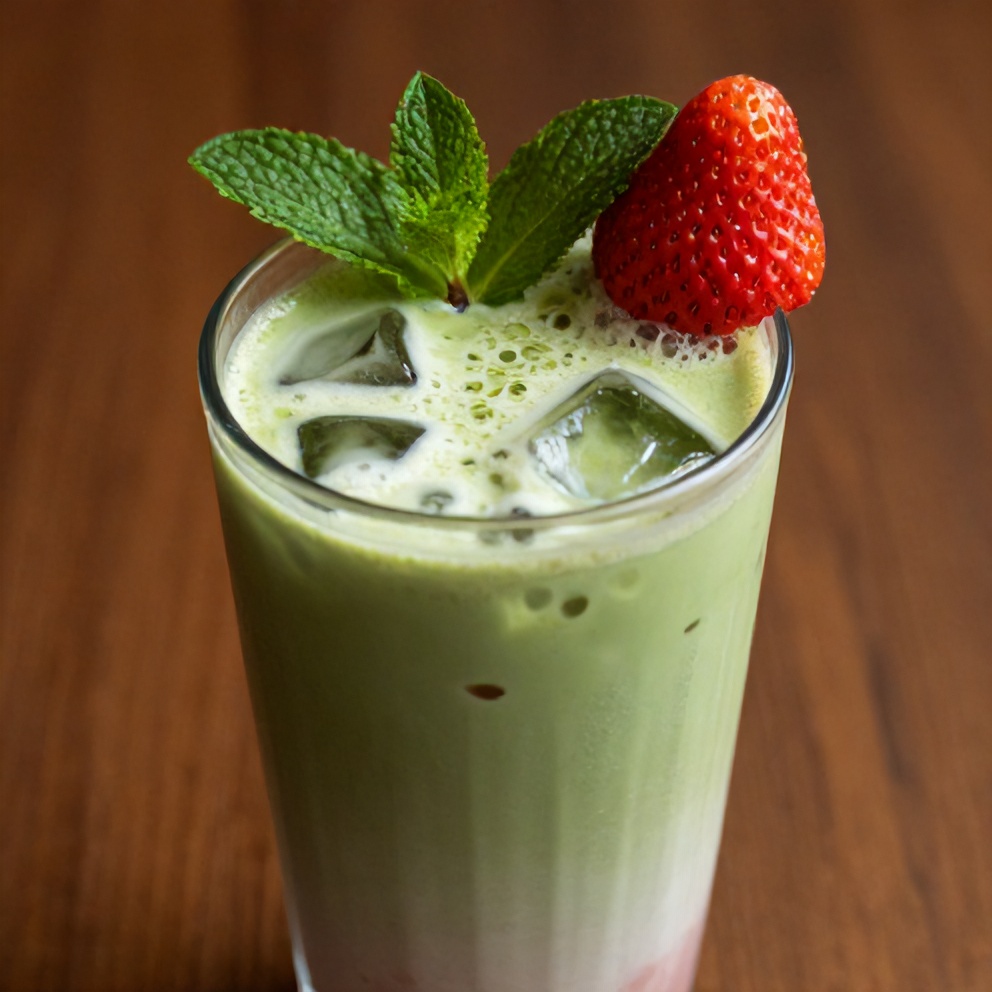 Iced Matcha Strawberry Latte garnished with a strawberry served in a glass
