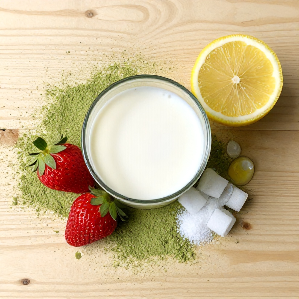 Ingredients for Iced Matcha Strawberry Latte laid out on a wooden surface