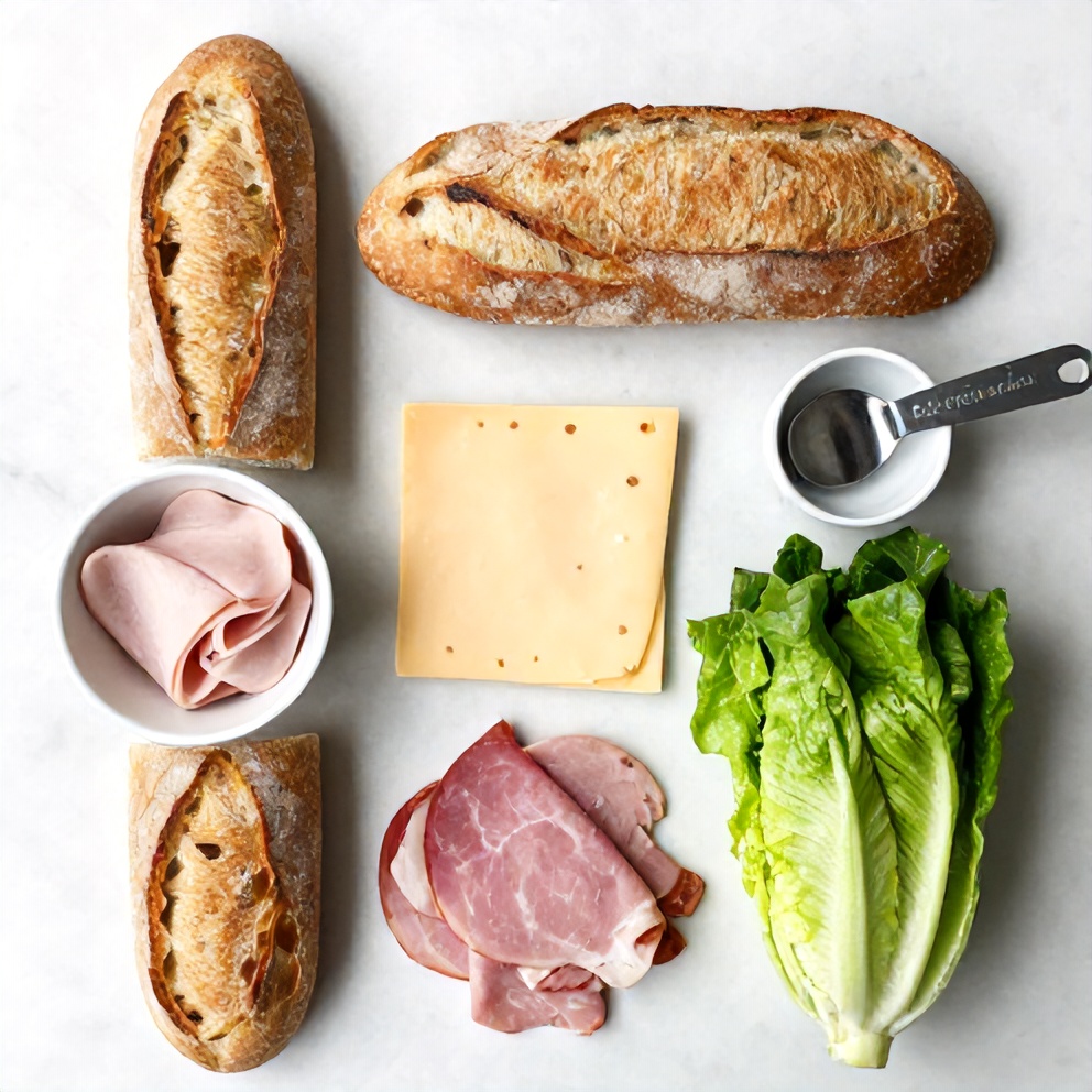 Italian grinder sandwich ingredients on a white marble surface