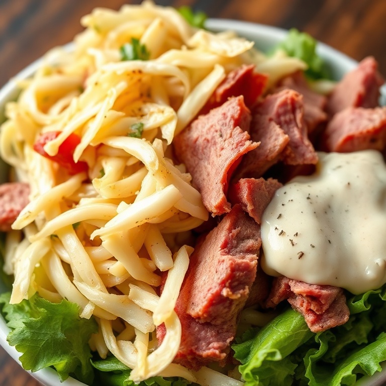 Crispy sauerkraut, tender corned beef, and creamy dressing in a low carb Reuben bowl. Close crop showing texture. Warm side lighting. Photorealistic food photography, no text, no watermark