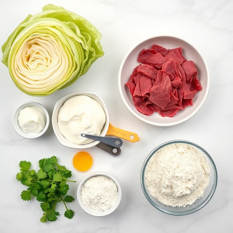Cabbage, corned beef, sour cream, mustard, and rye keto flour in a flat lay. Small prep bowls and measuring tools visible. White marble surface. Bright even light. Photorealistic overhead food photography, no text, no watermark