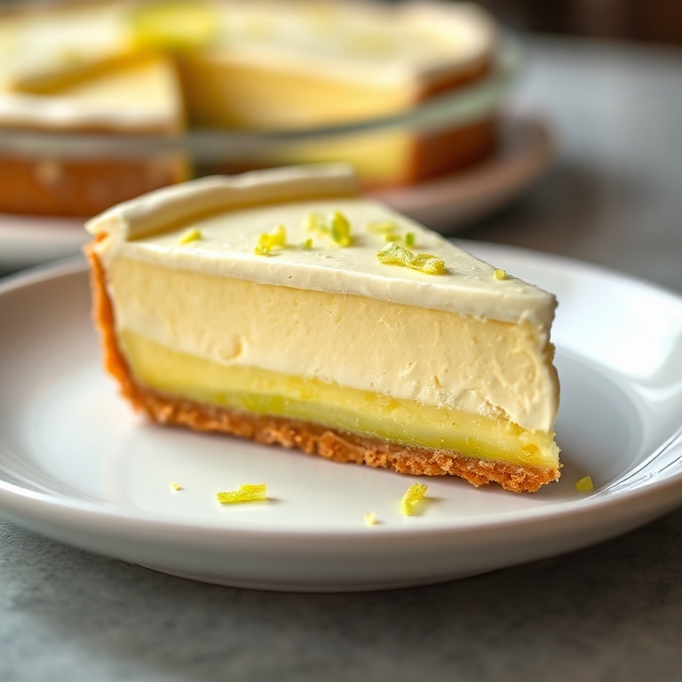 A slice of key lime pie on a white plate. Garnished with lime zest. Close crop showing texture and layers. Warm side lighting. Photorealistic food photography.