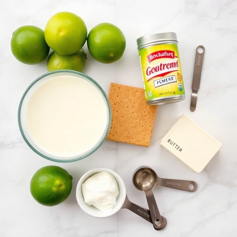 Raw ingredients for key lime pie. Limes, graham crackers, sweetened condensed milk, cream of tartar, and butter. Measuring cups and spoons on a white marble surface.