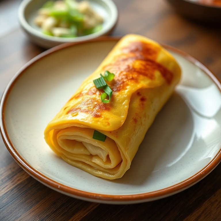 Perfectly plated Korean rolled omelette with green onion garnish, ceramic plate, warm lighting, photorealistic food photography