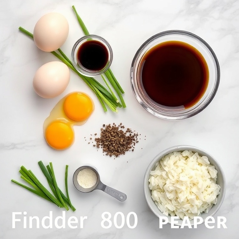 Overhead flat lay of eggs, soy sauce, green onions, rice, and pepper on white marble surface, measuring spoons and bowls visible