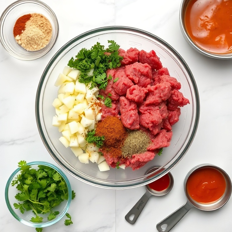 Raw ground beef, onions, parsley, cumin, and paprika in a bowl