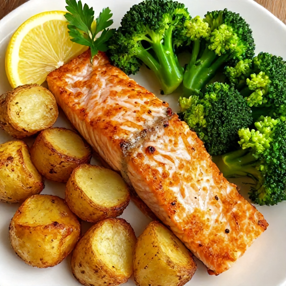 Easy Lemon Butter Salmon with crispy potatoes and broccoli plated
