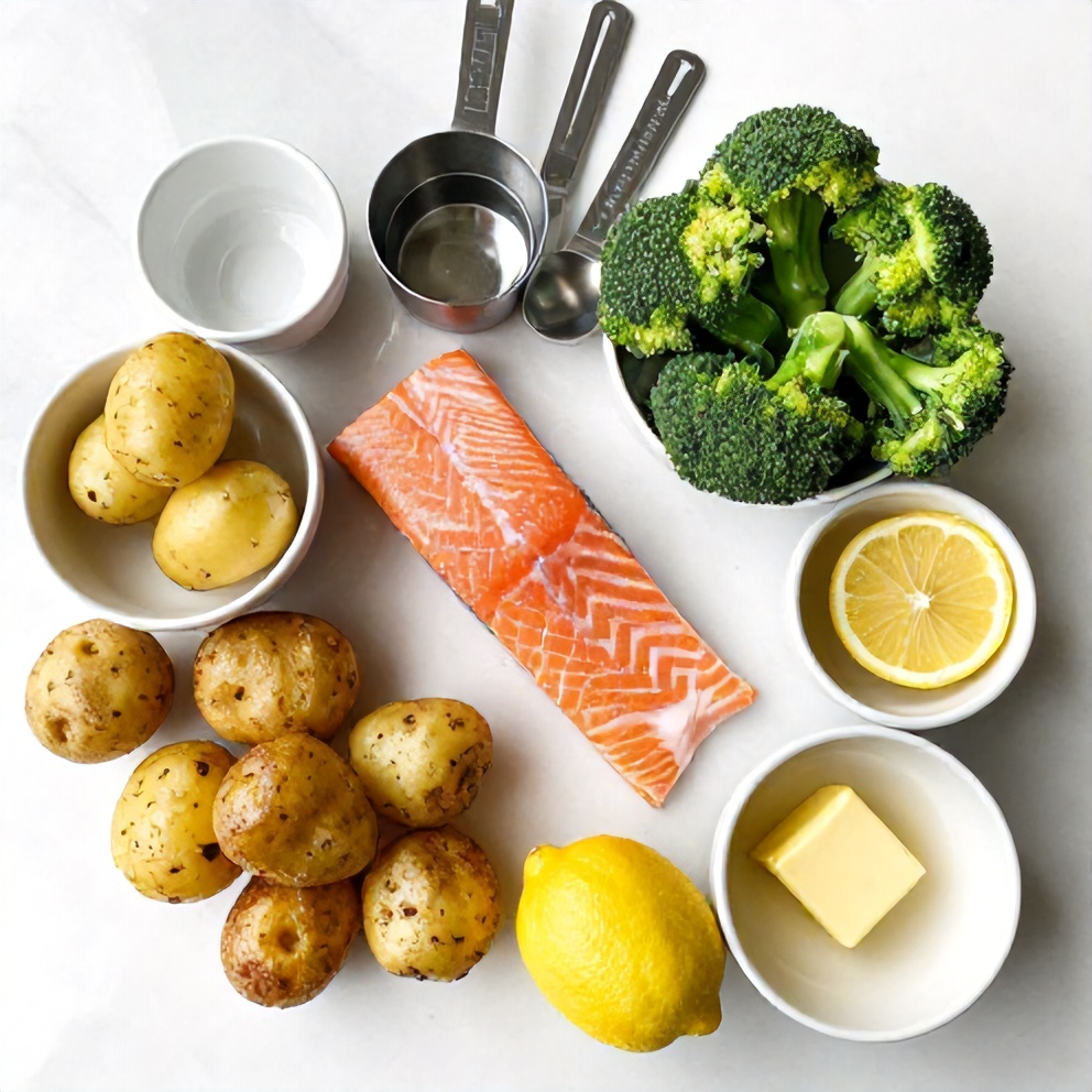 Raw ingredients for Easy Lemon Butter Salmon with crispy potatoes and broccoli