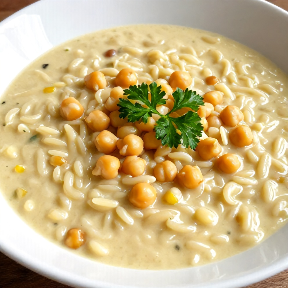 A perfect plated serving of Lemon Chickpea Orzo Soup on a white bowl, garnished with fresh parsley, with warm side lighting highlighting the creamy texture and tender chickpeas.