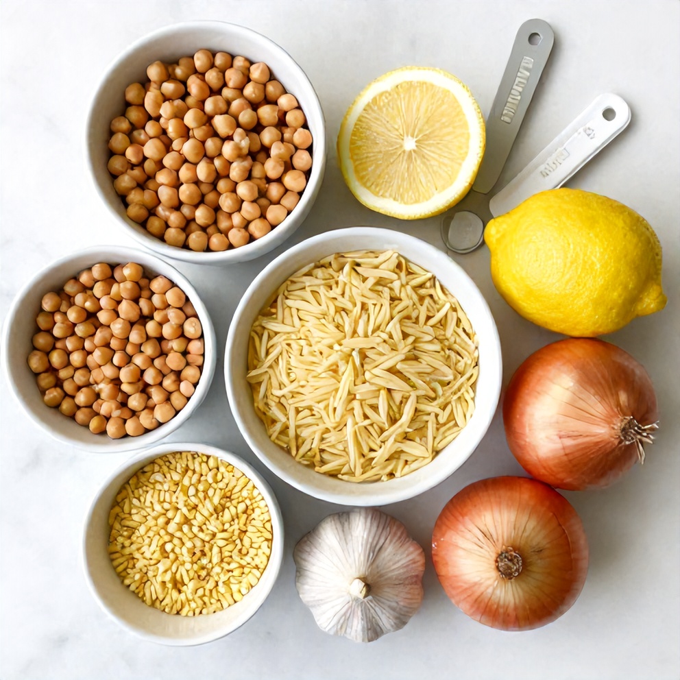 Raw ingredients for Lemon Chickpea Orzo Soup in an overhead flat lay, including chickpeas, orzo, lemon, garlic, and onions, with prep bowls and measuring spoons visible on a white marble surface.