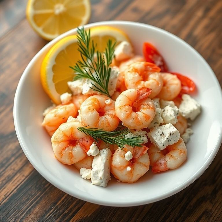 Plated shrimp salad with dill garnish