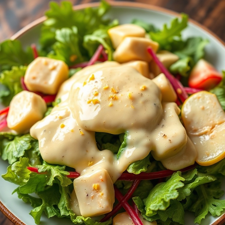 A plate of fresh salad topped with lemon garlic tahini dressing. The dressing is spread evenly with visible garlic and lemon zest on top.