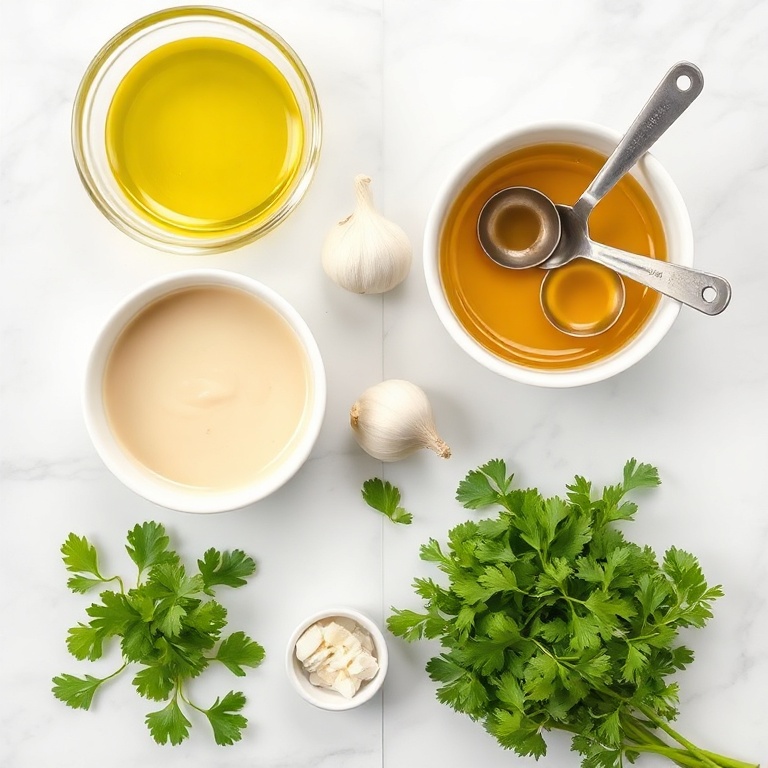 A flat lay of raw ingredients for lemon garlic tahini dressing. Includes tahini, lemon, garlic, olive oil, and fresh cilantro.
