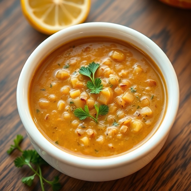 A single serving of lemon lentil soup with a sprinkle of fresh parsley on top
