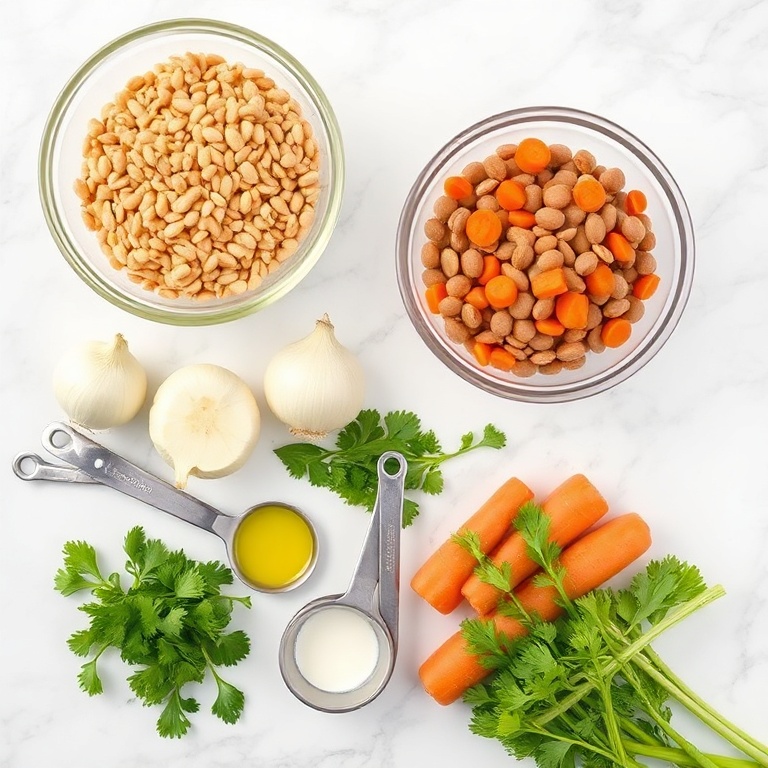 Raw ingredients for lemon lentil soup laid out on a white marble surface