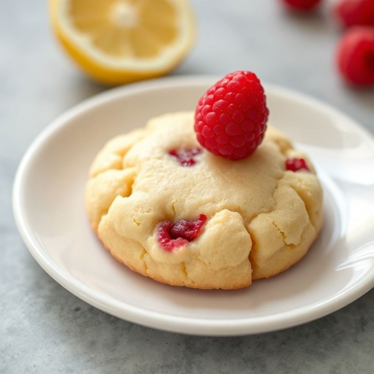 Plated lemon raspberry cookie topped with a single raspberry and lemon zest on a white plate
