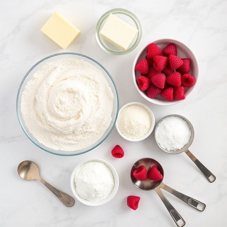 Flat lay of all-purpose flour, butter, sugar, lemon zest, fresh raspberries, and baking powder on a marble surface