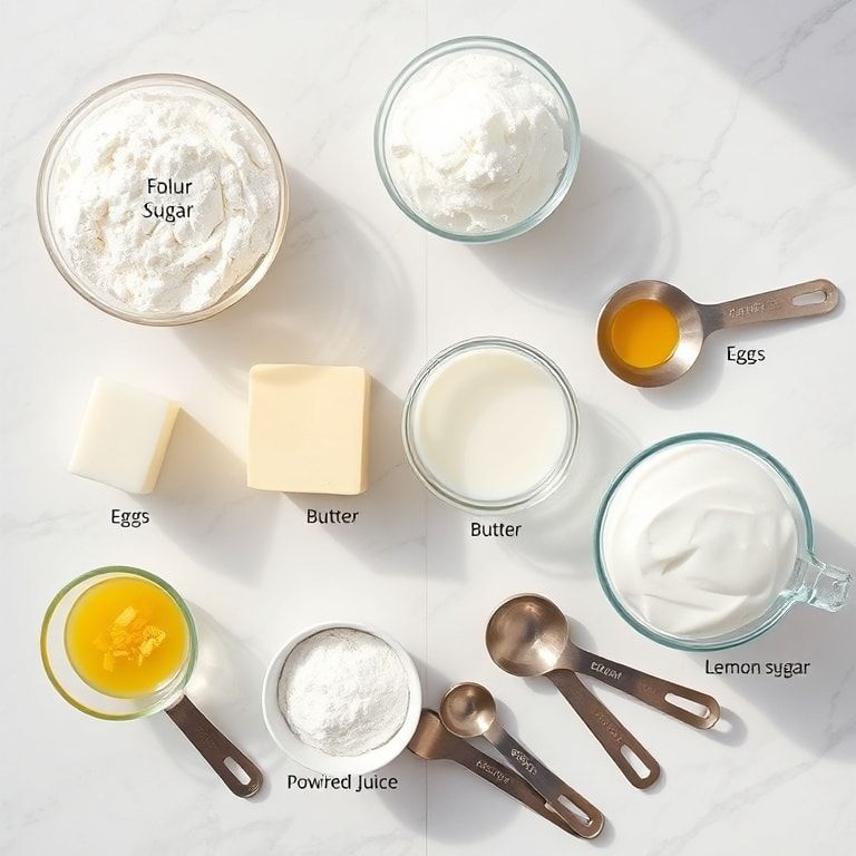 Ingredients for lemon rolls: flour, sugar, baking powder, butter, eggs, milk, lemon zest, fresh lemon juice