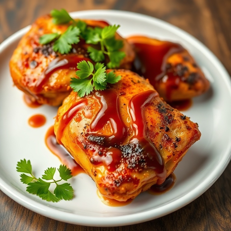 Baked BBQ chicken thighs on a white plate, topped with fresh cilantro and a drizzle of extra sauce.