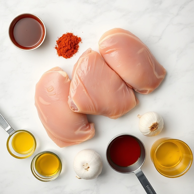 Raw chicken thighs, BBQ sauce, garlic, paprika, onion, and olive oil arranged on a white marble surface with measuring spoons and cups.