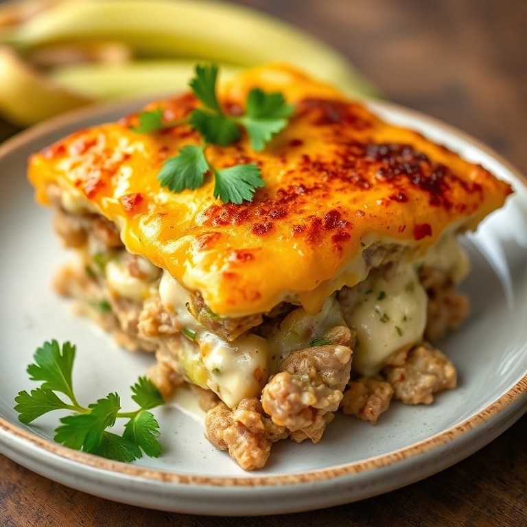 Perfectly plated low carb Philly cheesesteak casserole with a crispy top and creamy cheese