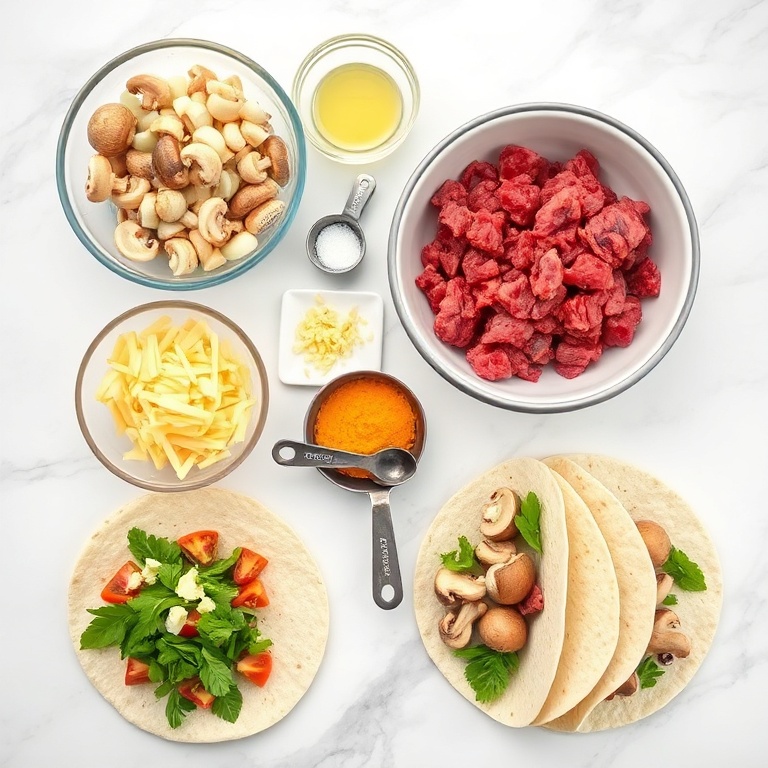 Raw ingredients for Philly cheesesteak casserole including ground beef, mushrooms, onions, cheese, and low carb tortillas