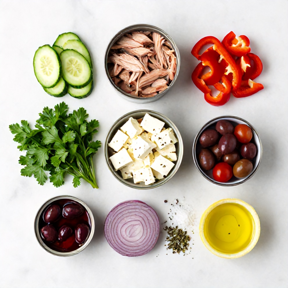 Mediterranean Tuna Salad ingredients flat lay